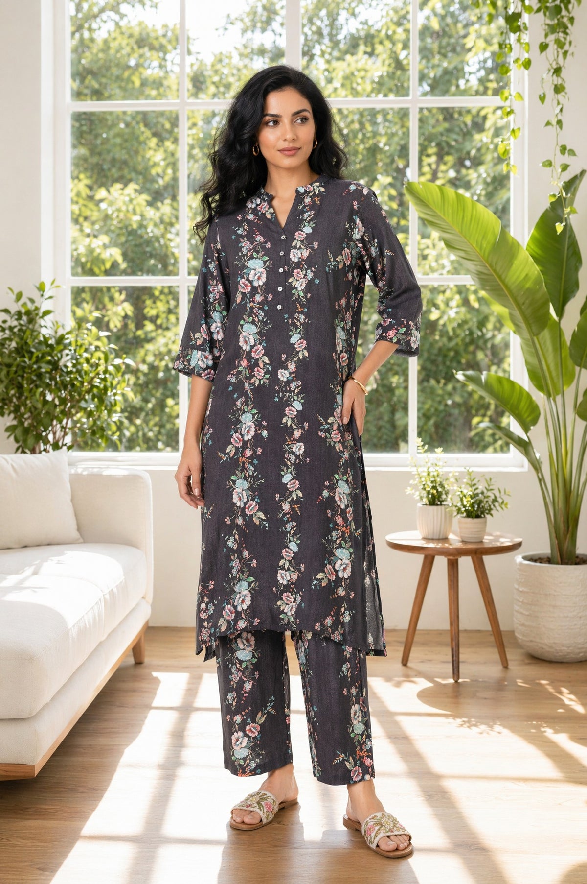 Charcoal Floral Printed Rayon Straight Kurta with Palazzo Set - XS
