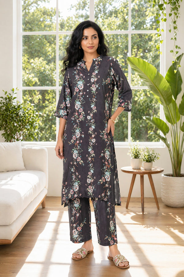 Charcoal Floral Printed Rayon Straight Kurta with Palazzo Set