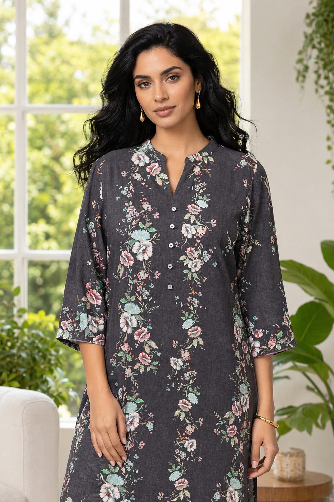Charcoal Floral Printed Rayon Straight Kurta with Palazzo Set