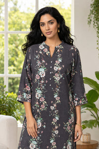 Charcoal Floral Printed Rayon Straight Kurta with Palazzo Set