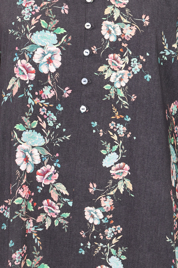 Charcoal Floral Printed Rayon Straight Kurta with Palazzo Set