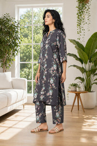 Charcoal Floral Printed Rayon Straight Kurta with Palazzo Set