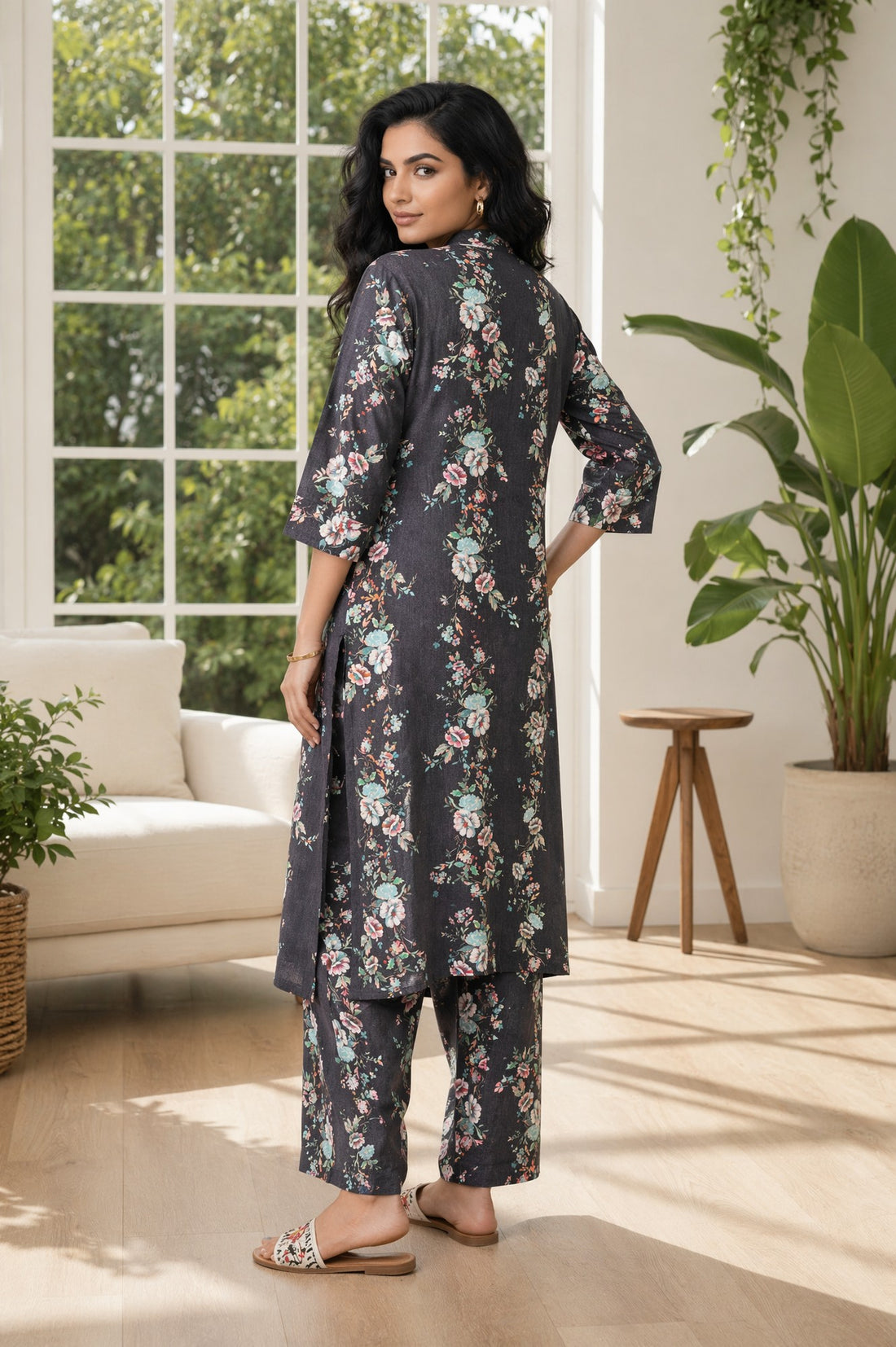 Charcoal Floral Printed Rayon Straight Kurta with Palazzo Set