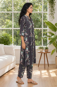 Charcoal Floral Printed Rayon Straight Kurta with Palazzo Set
