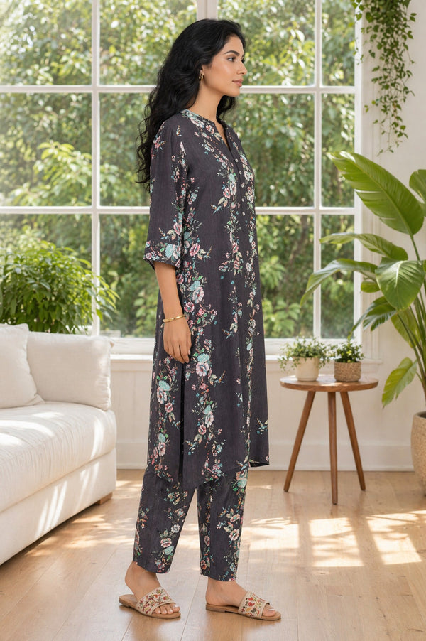Charcoal Floral Printed Rayon Straight Kurta with Palazzo Set