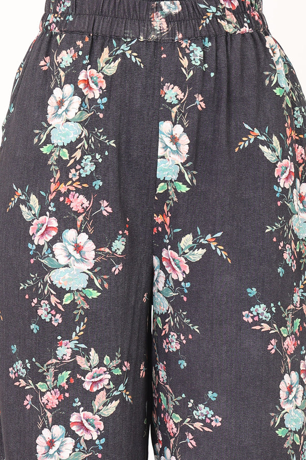 Charcoal Floral Printed Rayon Straight Kurta with Palazzo Set