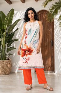 Off White Floral Printed Rayon Blend A-Line Kurta with Palazzo Set