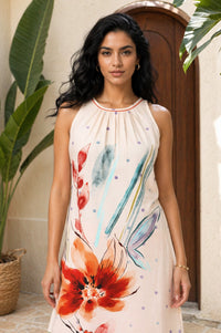 Off White Floral Printed Rayon Blend A-Line Kurta with Palazzo Set