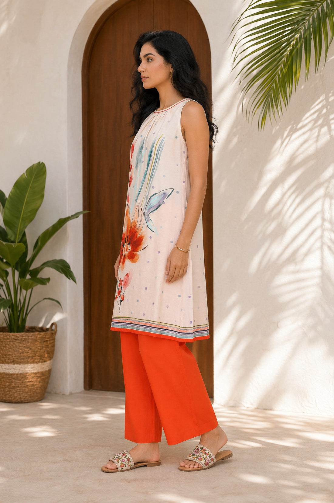 Off White Floral Printed Rayon Blend A-Line Kurta with Palazzo Set