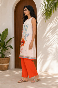 Off White Floral Printed Rayon Blend A-Line Kurta with Palazzo Set
