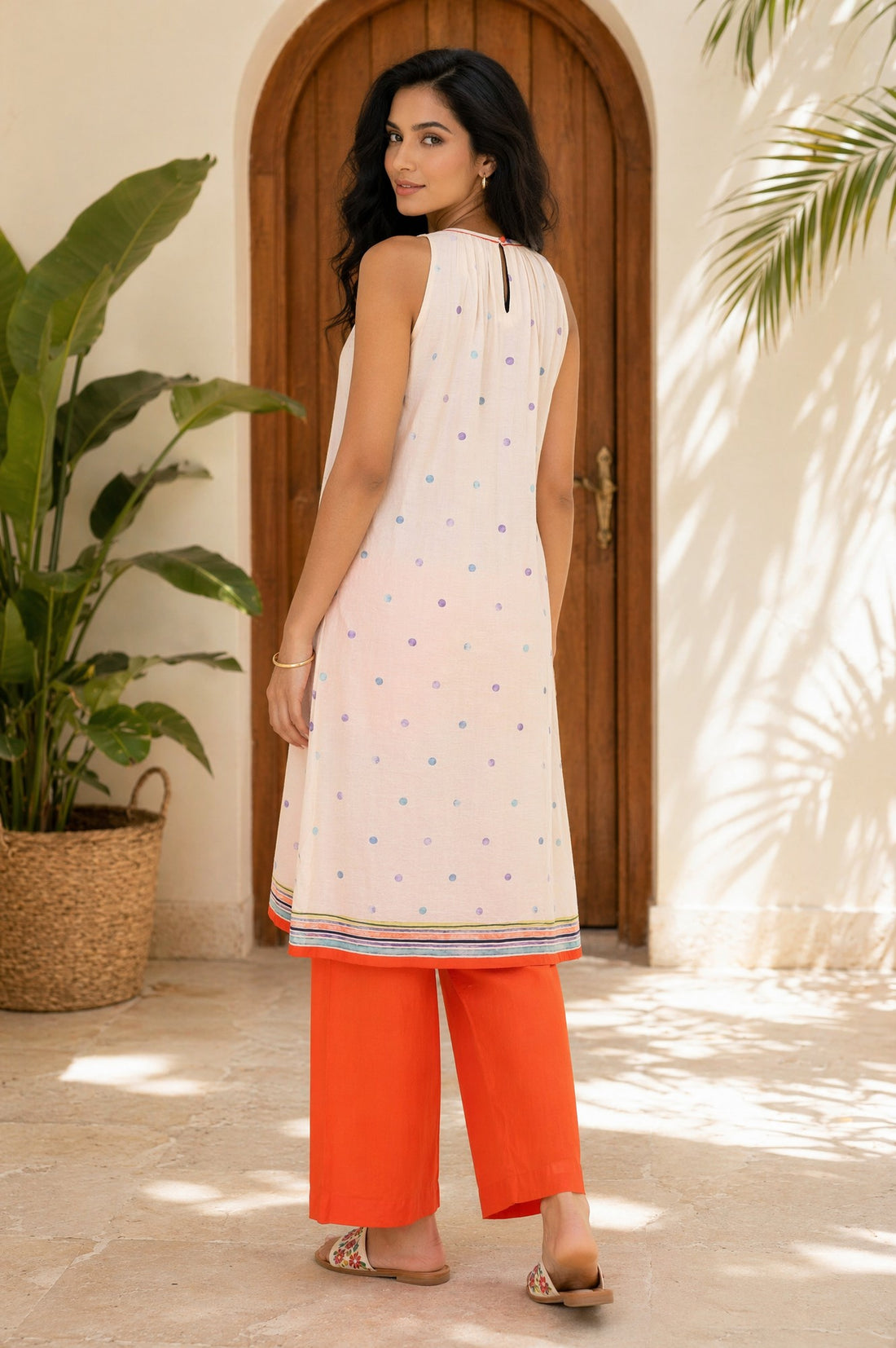 Off White Floral Printed Rayon Blend A-Line Kurta with Palazzo Set