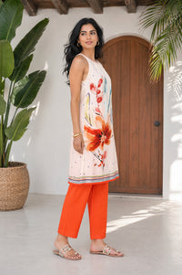 Off White Floral Printed Rayon Blend A-Line Kurta with Palazzo Set