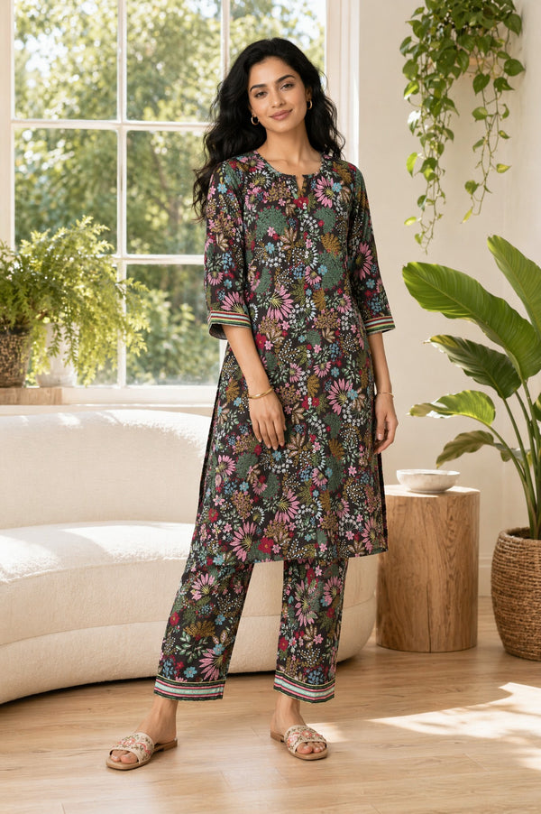 Black Floral Printed Rayon Straight Kurta with Palazzo Set