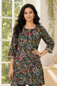Black Floral Printed Rayon Straight Kurta with Palazzo Set