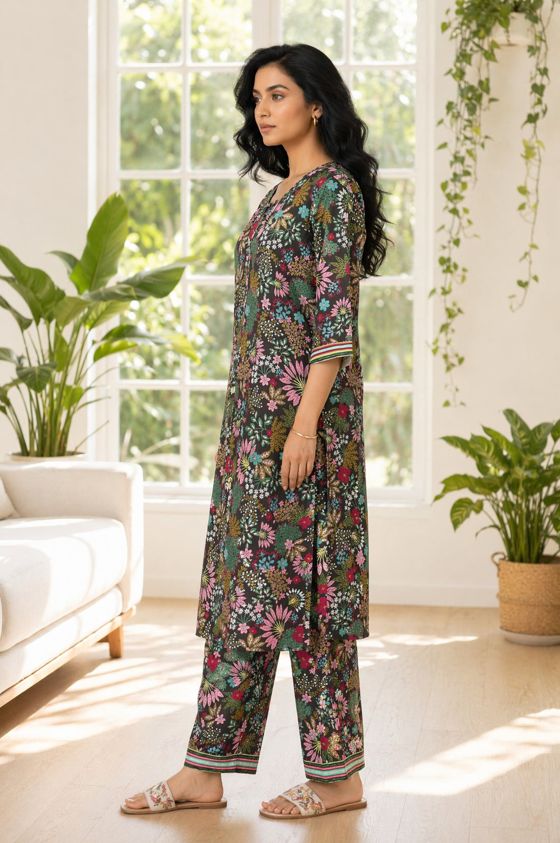 Black Floral Printed Rayon Straight Kurta with Palazzo Set
