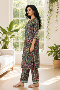 Black Floral Printed Rayon Straight Kurta with Palazzo Set