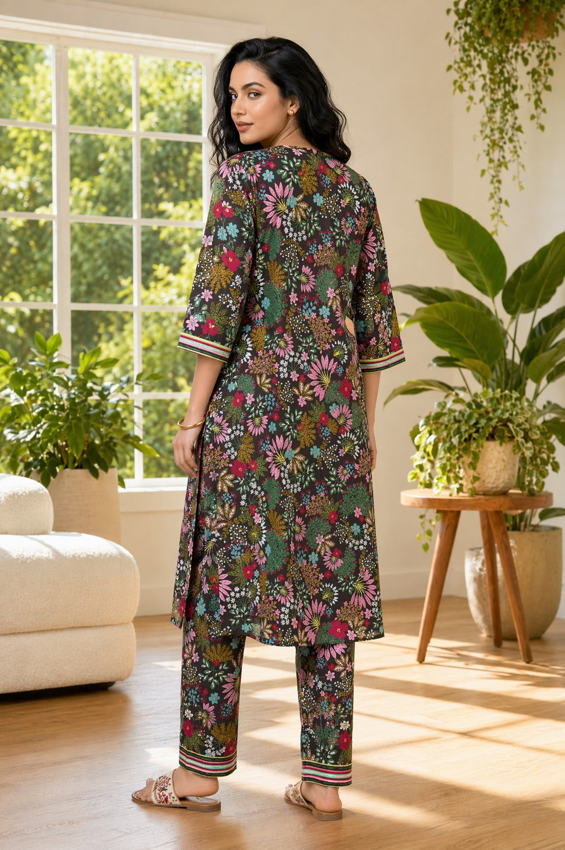 Black Floral Printed Rayon Straight Kurta with Palazzo Set