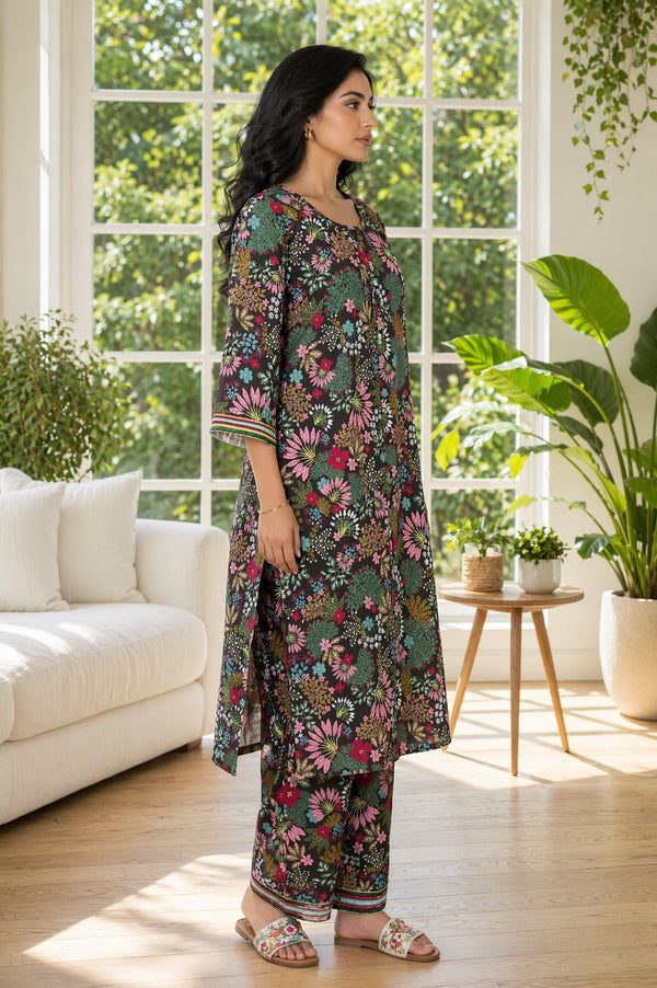 Black Floral Printed Rayon Straight Kurta with Palazzo Set