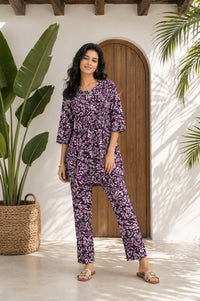 Purple Abstract Printed Rayon Flared Kurta with Straight Trousers Co-ord Set