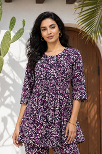 Purple Abstract Printed Rayon Flared Kurta with Straight Trousers Co-ord Set