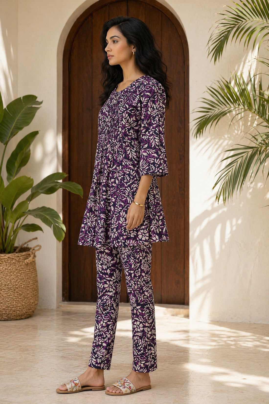 Purple Abstract Printed Rayon Flared Kurta with Straight Trousers Co-ord Set