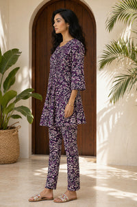 Purple Abstract Printed Rayon Flared Kurta with Straight Trousers Co-ord Set