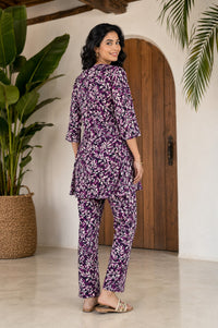 Purple Abstract Printed Rayon Flared Kurta with Straight Trousers Co-ord Set
