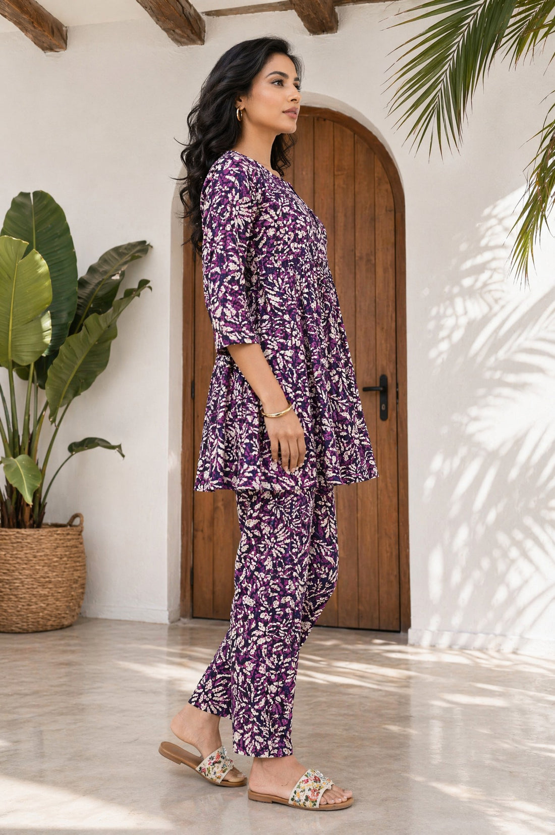 Purple Abstract Printed Rayon Flared Kurta with Straight Trousers Co-ord Set