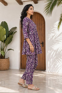Purple Abstract Printed Rayon Flared Kurta with Straight Trousers Co-ord Set