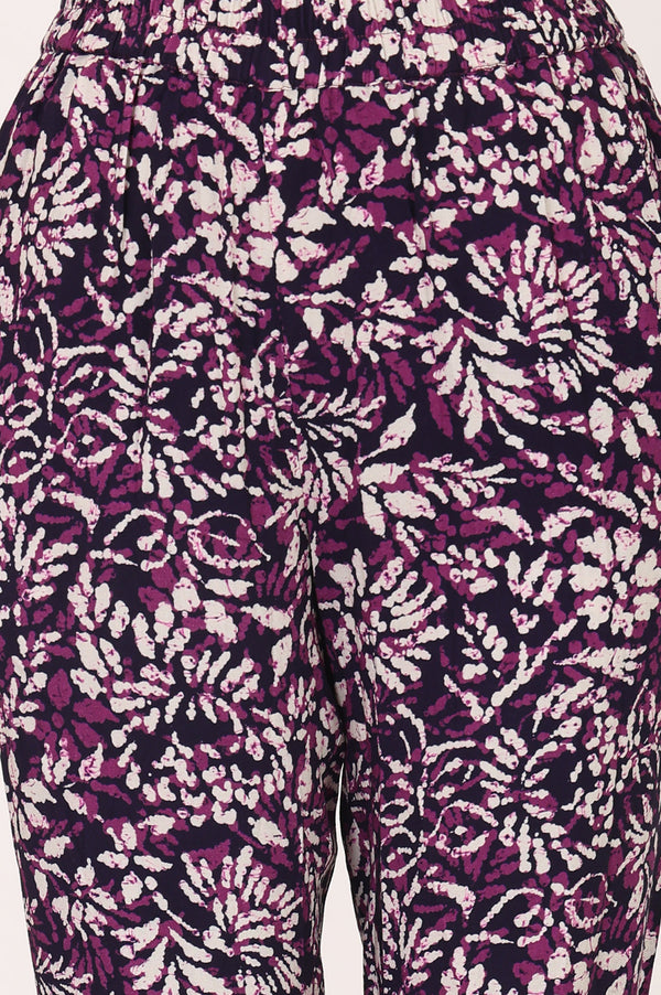 Purple Abstract Printed Rayon Flared Kurta with Straight Trousers Co-ord Set