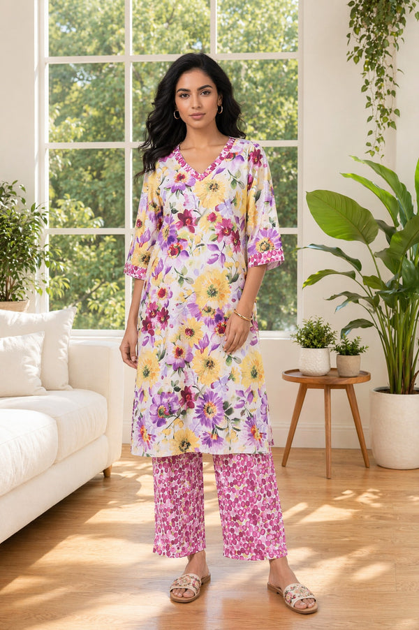 Aurelia Women's Off White Floral Printed Pure Cotton Straight Kurta with Palazzo Set