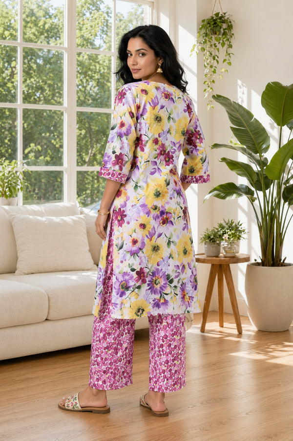 Aurelia Women's Off White Floral Printed Pure Cotton Straight Kurta with Palazzo Set