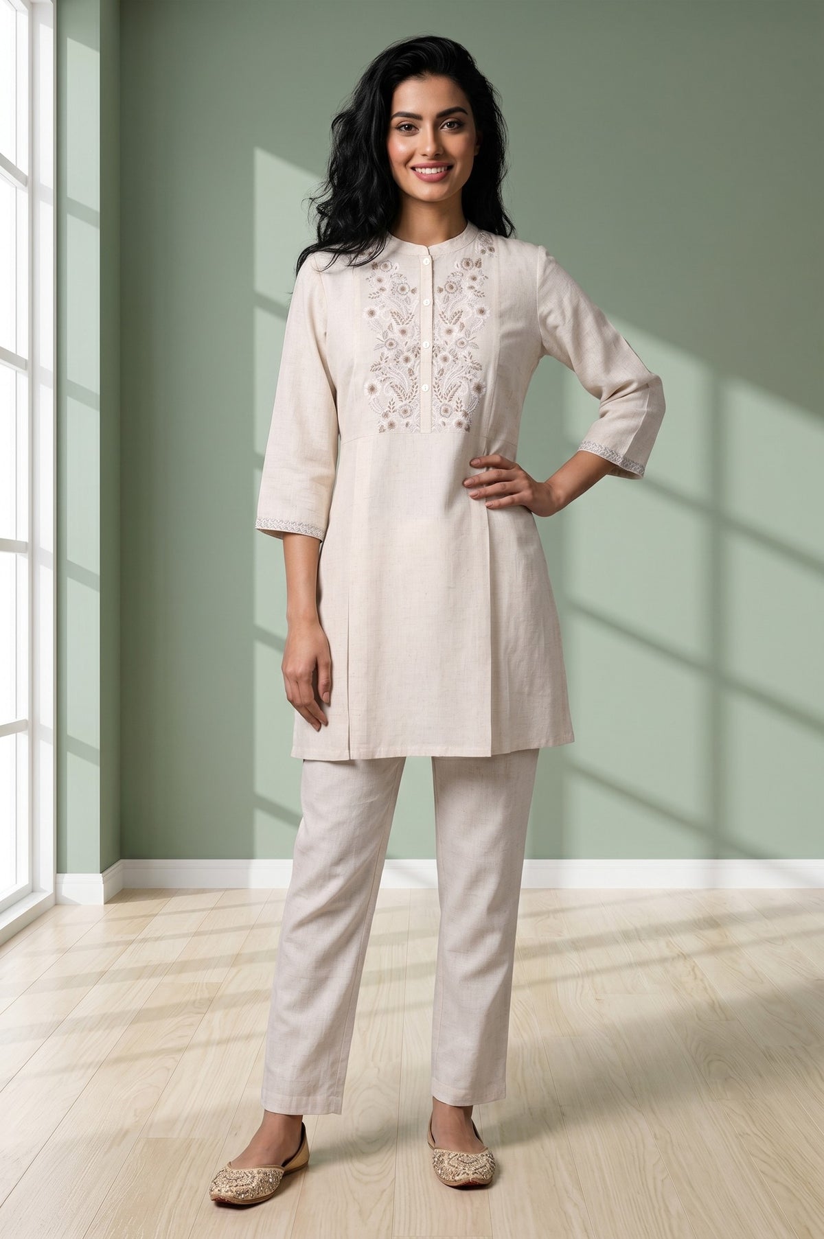Ecru Thread Embroidered Straight Kurta With Palazzo Co-ord Set - S