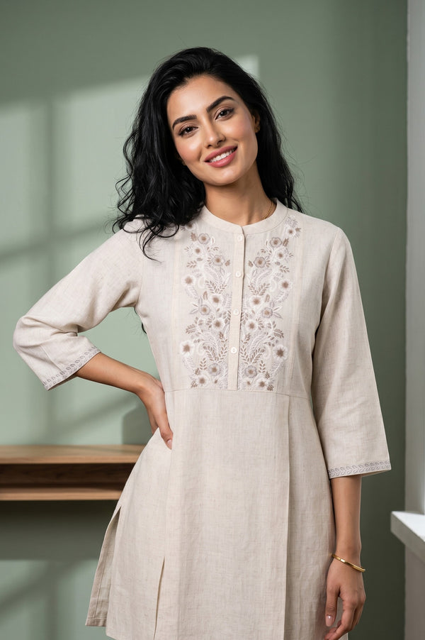 Ecru Thread Embroidered Straight Kurta With Palazzo Co-ord Set
