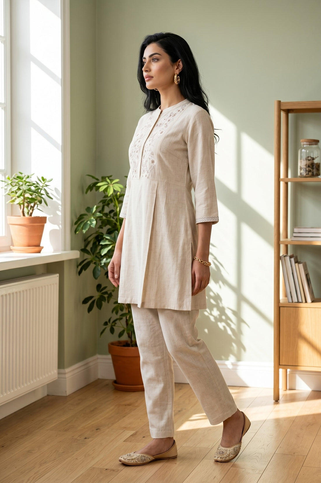 Ecru Thread Embroidered Straight Kurta With Palazzo Co-ord Set