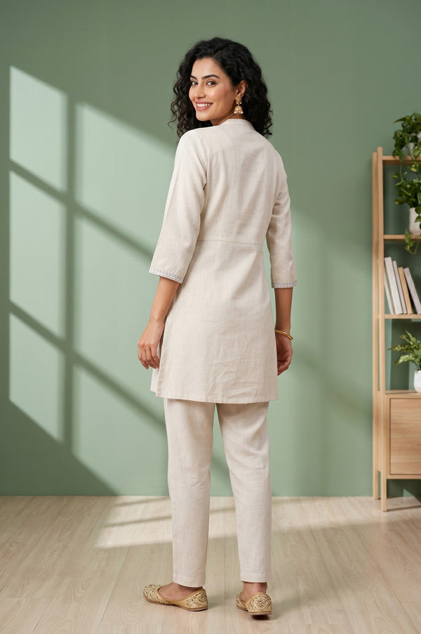 Ecru Thread Embroidered Straight Kurta With Palazzo Co-ord Set