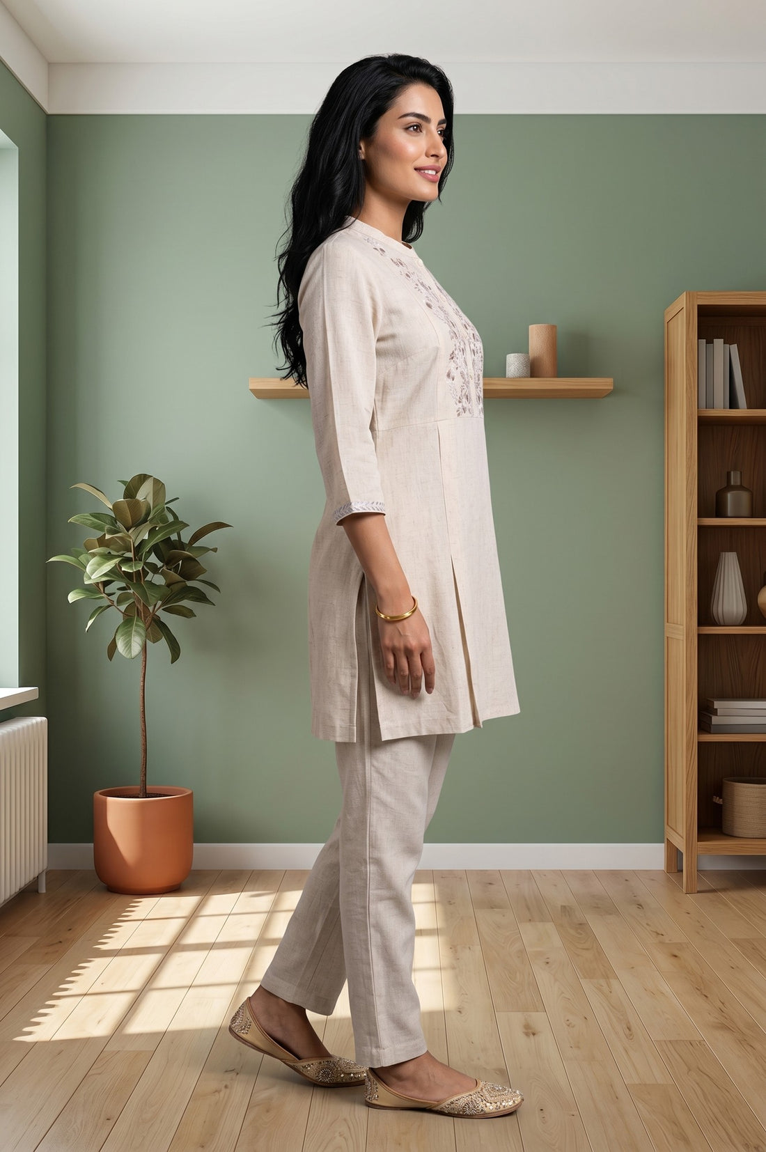 Ecru Thread Embroidered Straight Kurta With Palazzo Co-ord Set
