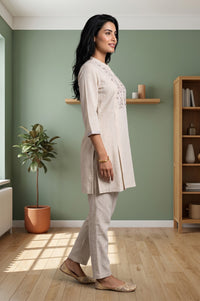 Ecru Thread Embroidered Straight Kurta With Palazzo Co-ord Set