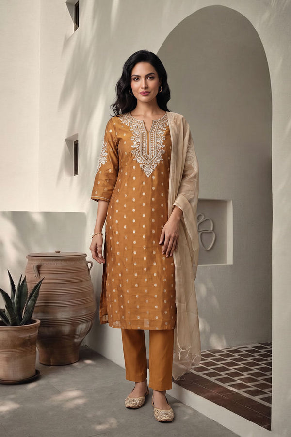 Mustard Thread Embroidered Chanderi Straight Kurta with Trousers and Dupatta Set