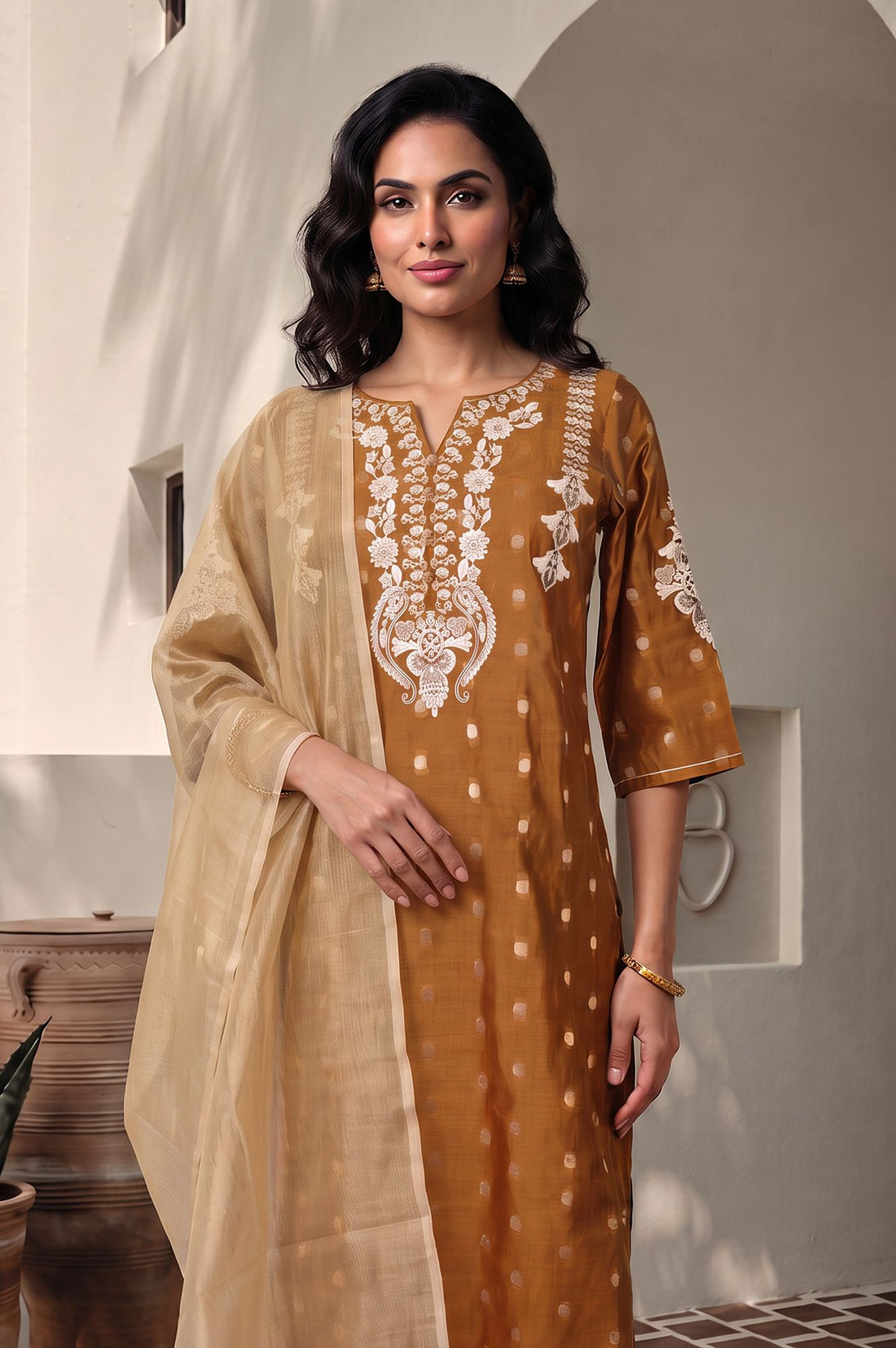 Mustard Thread Embroidered Chanderi Straight Kurta with Trousers and Dupatta Set