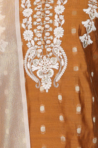 Mustard Thread Embroidered Chanderi Straight Kurta with Trousers and Dupatta Set