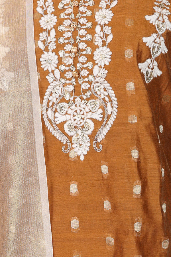 Mustard Thread Embroidered Chanderi Straight Kurta with Trousers and Dupatta Set