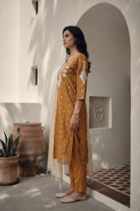 Mustard Thread Embroidered Chanderi Straight Kurta with Trousers and Dupatta Set