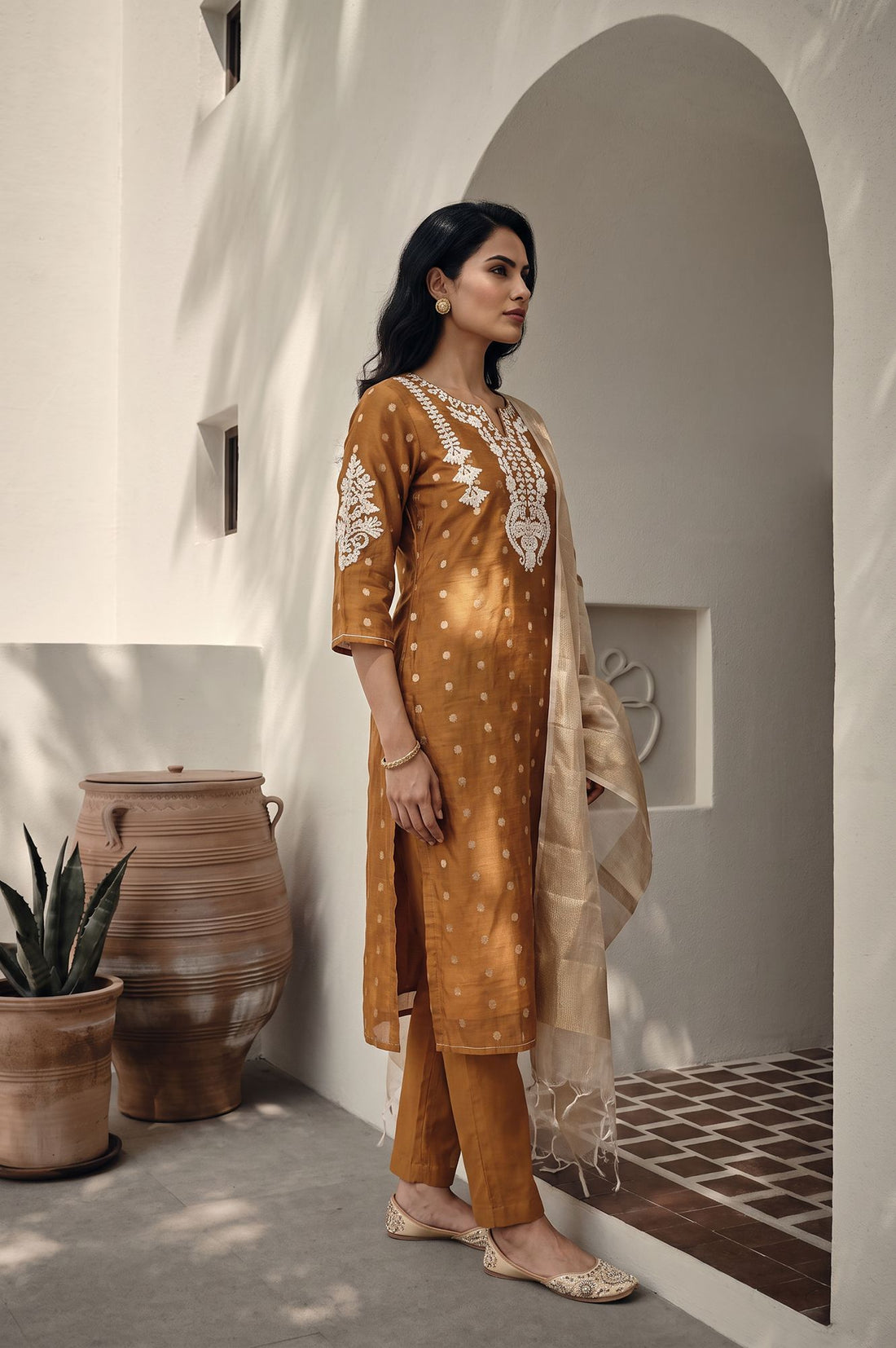 Mustard Thread Embroidered Chanderi Straight Kurta with Trousers and Dupatta Set