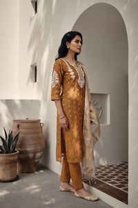 Mustard Thread Embroidered Chanderi Straight Kurta with Trousers and Dupatta Set