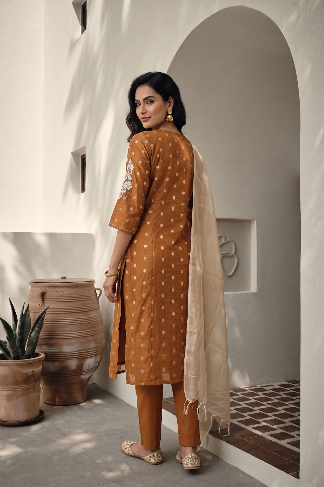 Mustard Thread Embroidered Chanderi Straight Kurta with Trousers and Dupatta Set