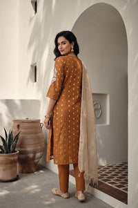 Mustard Thread Embroidered Chanderi Straight Kurta with Trousers and Dupatta Set