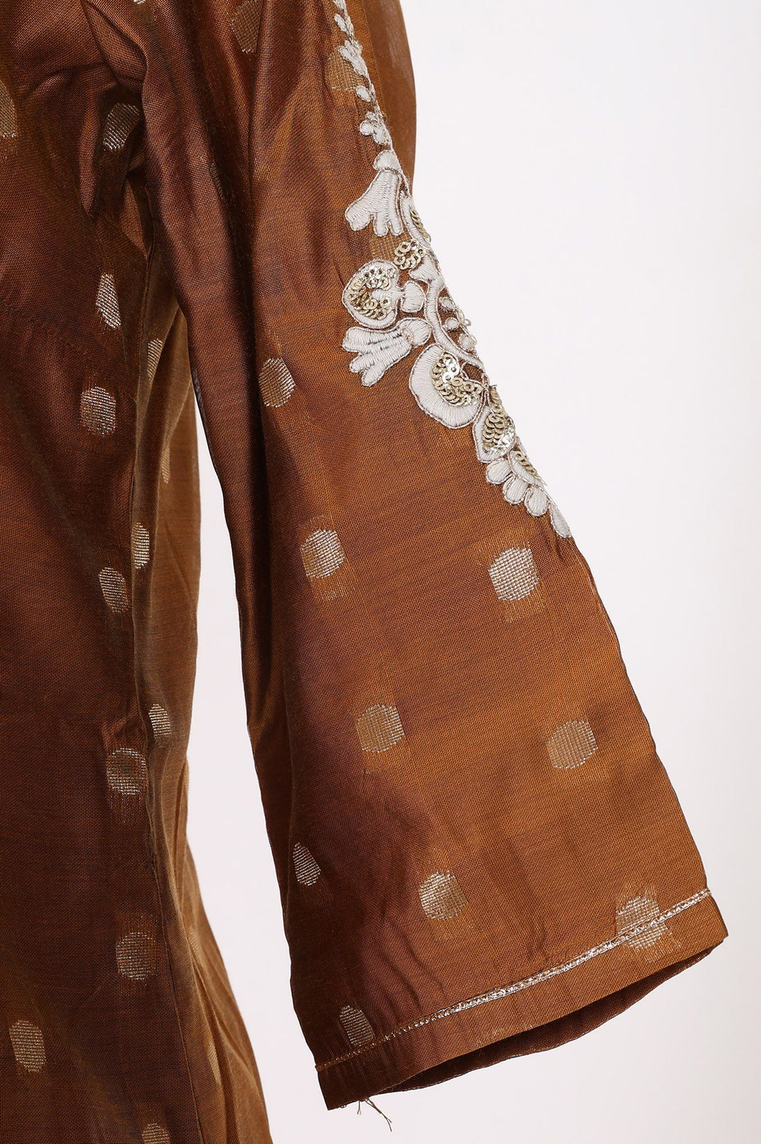 Mustard Thread Embroidered Chanderi Straight Kurta with Trousers and Dupatta Set