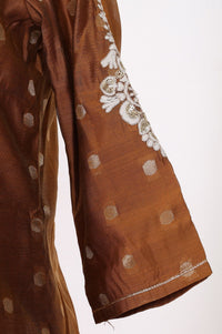 Mustard Thread Embroidered Chanderi Straight Kurta with Trousers and Dupatta Set