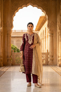 Maroon Yarn Dyed Thread Embroidered Chanderi Straight Kurta with Trousers and Dupatta Set